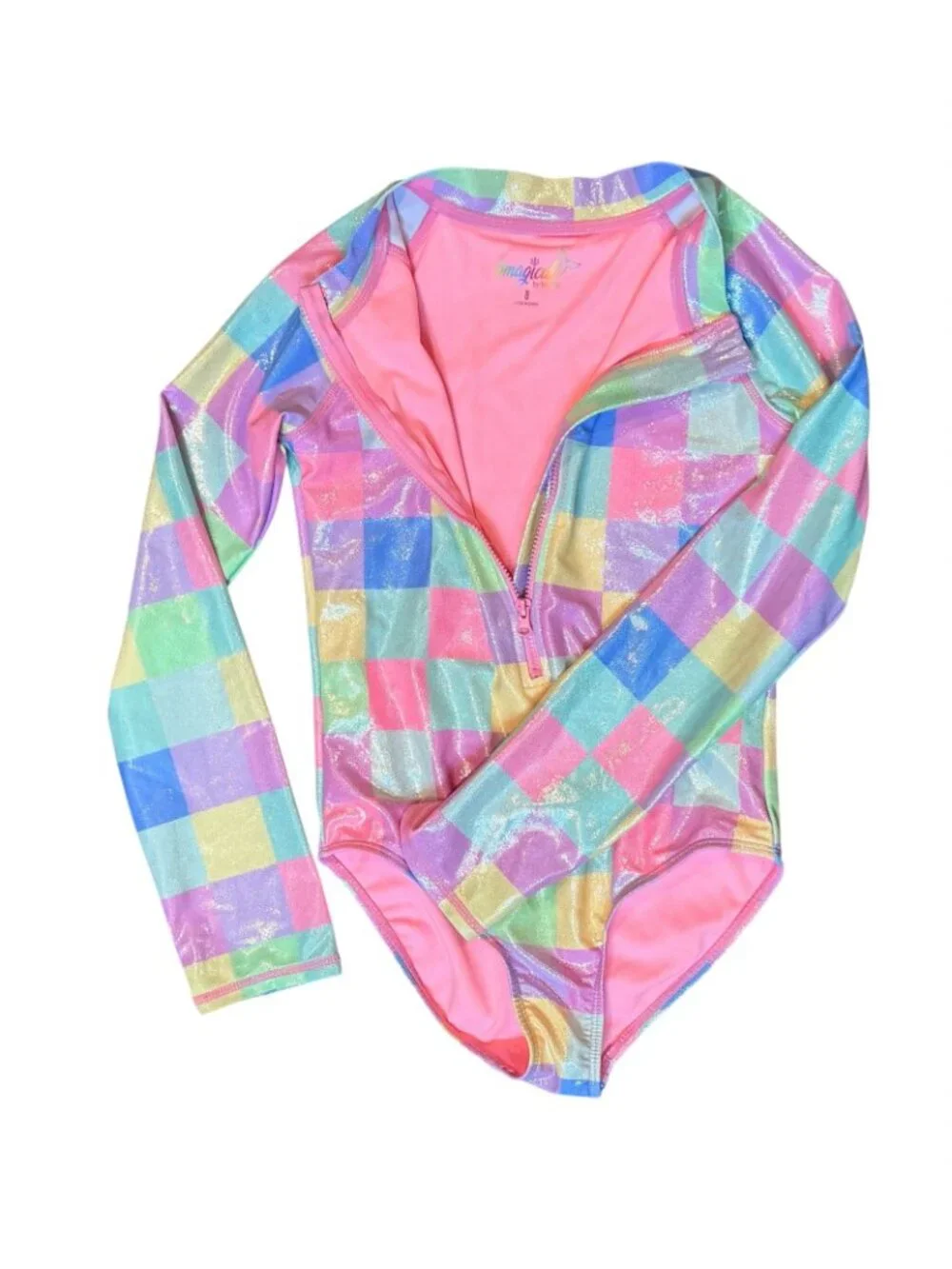 BMAGICAL Girls Swim Rashguard Size 8 Pink Plaid